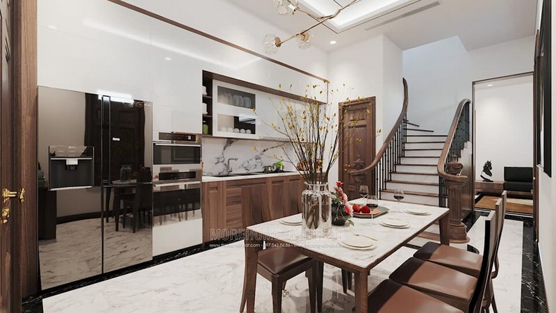 Mẫu tủ bếp gỗ óc chó với mặt tủ bếp ốp đá tự nhiên mang đến sự sinh động và sạch sẽ