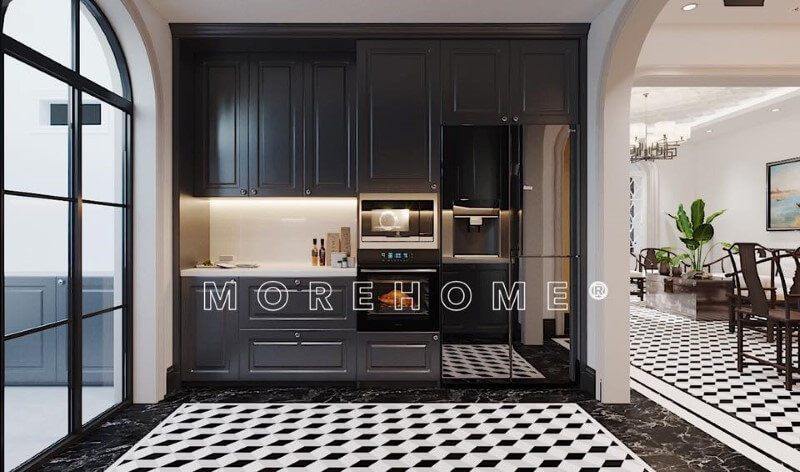 Mẫu tủ bếp gỗ tự nhiên cao cấp với thiết kế đơn giản cho phòng bếp ấm cúng