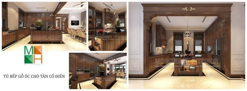 Bạn đang cần thiết kế tủ bếp thật sang trọng? Hãy đến với tủ bếp gỗ óc chó tân cổ điển MoreHome để cảm nhận về chất lượng, và nét sang trọng trên sản phẩm.