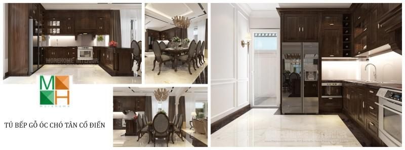 Mẫu thiết kế tủ bếp gỗ óc chó chữ U rất phù hợp cho không gian bếp biệt thự, căn hộ cao cấp.