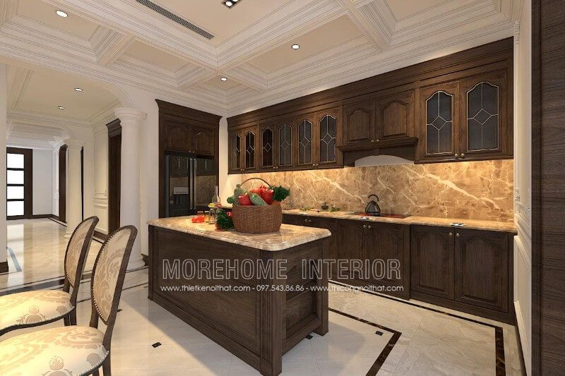 Tủ bếp màu óc chó kết hợp kiểu dáng đẹp bắt mắt với đường nét chạm khắc thanh thoát, nhẹ nhàng, màu sắc tự nhiên, tinh tế khiến không gian phòng bếp của bạn vừa đẹp vừa sang trọng.