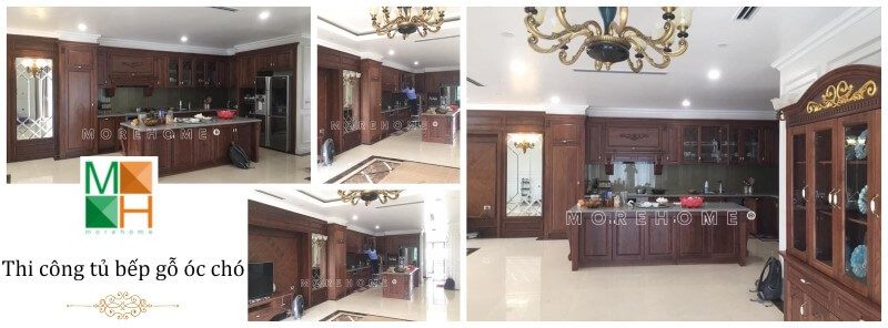 Điểm cộng tinh tế cho việc sử dụng tủ bếp bằng gỗ óc chó, với đường nét tinh tế, màu sắc nổi bật, thật đơn giản mà trang trọng.