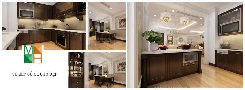 Mẫu thiết kế tủ bếp gỗ óc chó cao cấp , sang trọng đang
