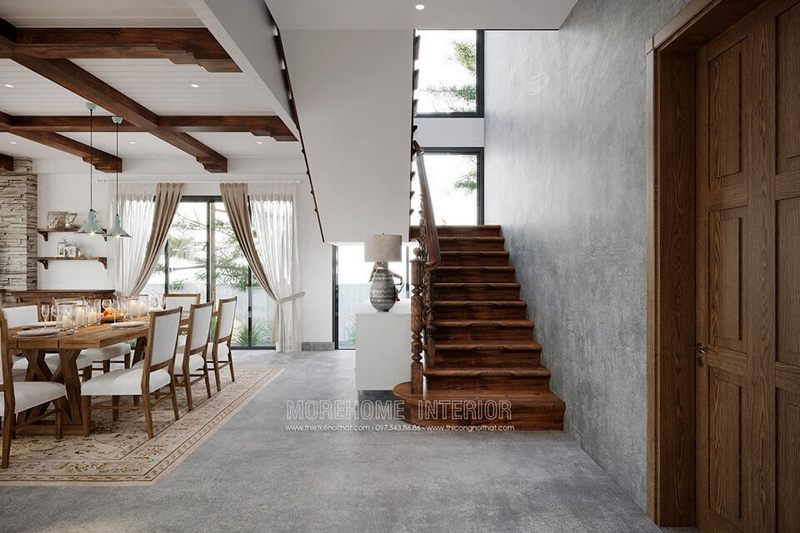 Mẫu cầu thang biệt thự cao cấp từ gỗ tự nhiên nhập khẩu