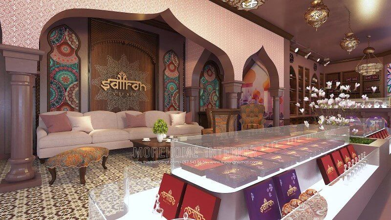 Khu trưng bày sản phẩm làm đẹp Saffron với thiết kế độc đáo sử dụng gỗ công nghiệp kết hợp kính cường lực bao quanh làm quầy kệ ấn tượng mang phong cách Địa Trung Hải