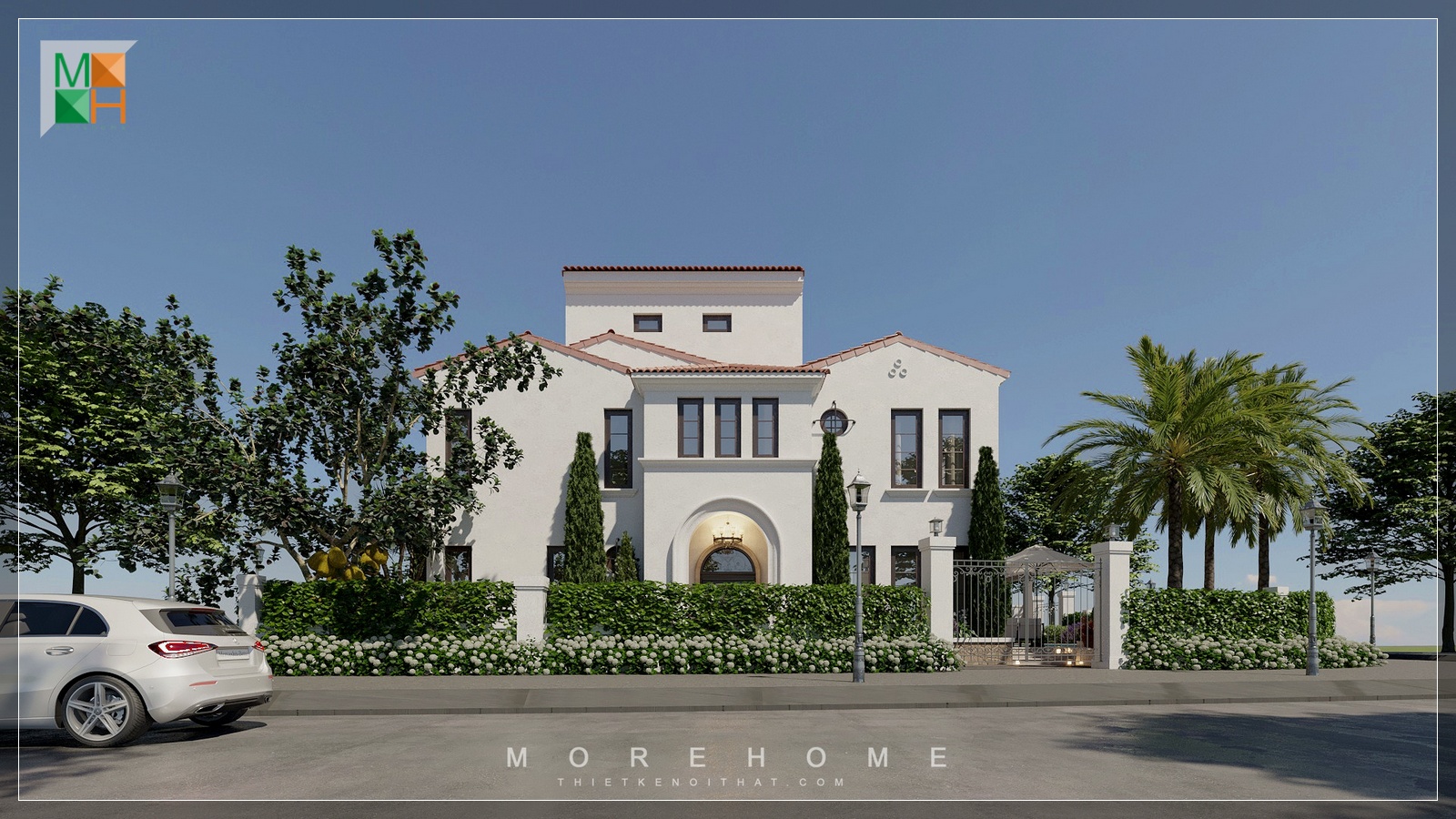 Thiết kế biệt thự 3 tầng mang phong cách địa trung hải khoảng không gian phía ngoài của ngôi nhà thể hiện sự thông thoáng, kết hợp làm sân vườn tiểu cảnh rất đẹp.