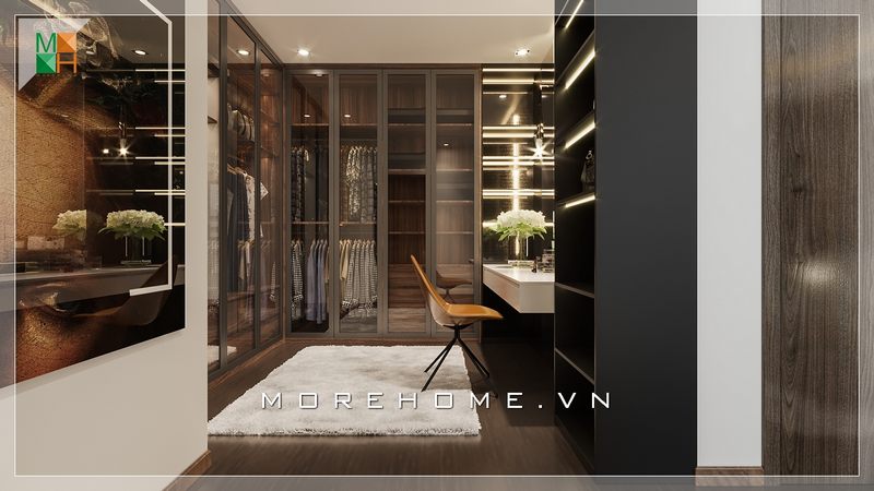 Mẫu tủ quần áo cửa lùa cánh kính có thiết kế âm tường kịch trần với tone màu nâu đẳng cấp và sang trọng, phù hợp với các căn hộ, nhà phố, biệt thự.