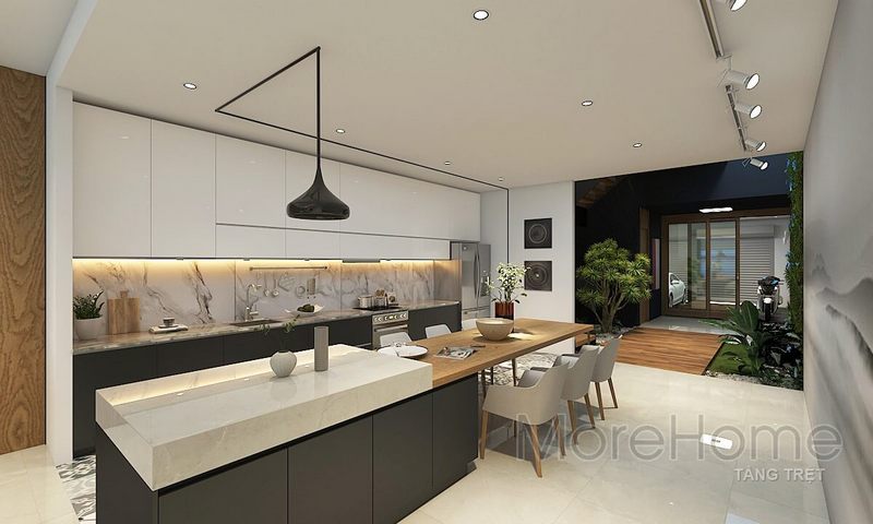 Quầy bar mặt đá cùng với bàn ăn góp phần tạo nên sự thuận tiện trong việc trang trí không gian bếp.