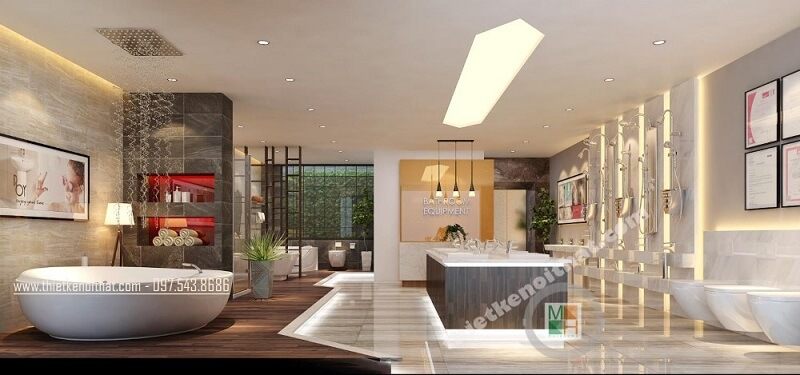 Khu vực trưng bày mô hình phòng tắm với các thiết bị vệ sinh cao cấp với thiết kế ấn tượng cùng cách sắp xếp hợp lí tạo nên một không gian sang trọng