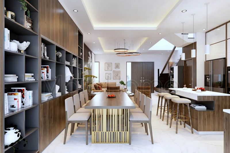 Chọn chất liệu gỗ veneer óc chó cao cấp để thiết kế nội thất cho phòng ăn thông bếp.